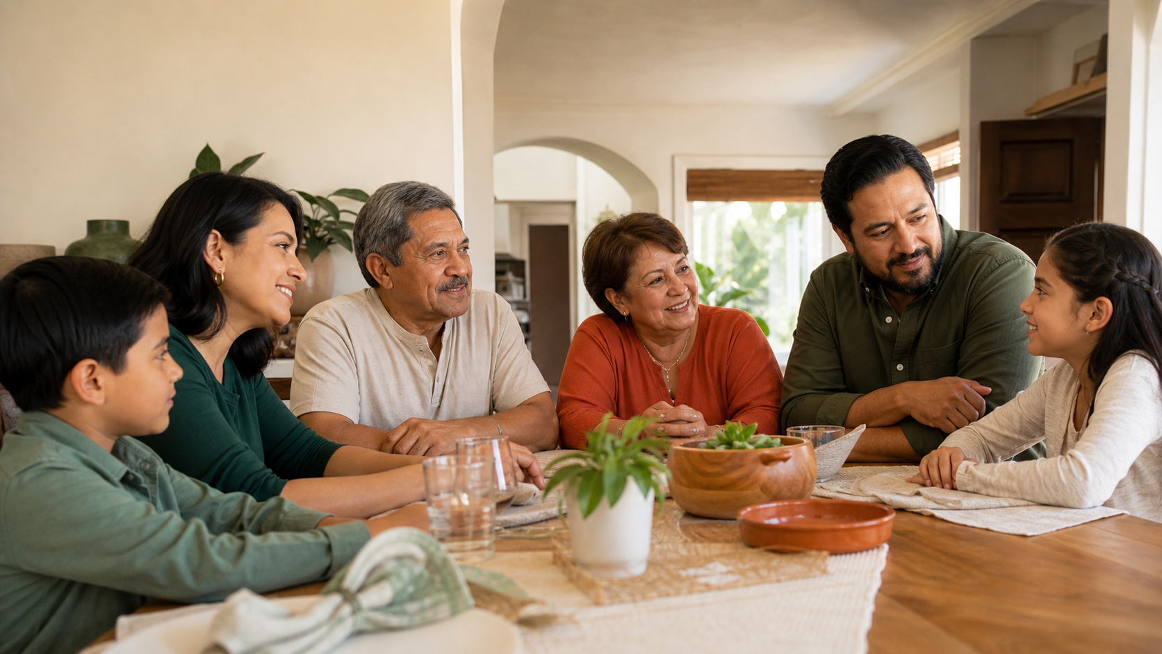 Familia hispana multigeneracional reunida en casa